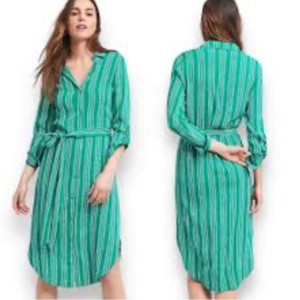 Maeve Teal and White Striped Midi Shirt Dress